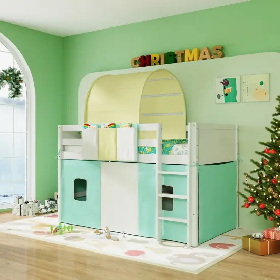 Twin Size Playhouse Loft Bed Frame with Tower Tent and 3 Storage Pockets for Kids Turquoise {5}