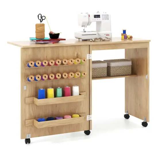 Space-Saving Folding Sewing Table Rolling Craft Station with Storage Pegs and Compartments Natural {1}