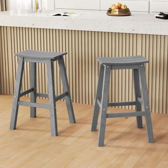 29 Inch HDPE Patio Bar Stool Set of 2, Armless Saddle Design, Weather-Resistant, Outdoor Seating Grey {3}
