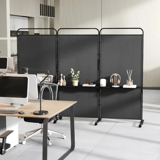 3-Panel Folding Room Divider with 3 Metal Shelves and Lockable Wheels Black {2}