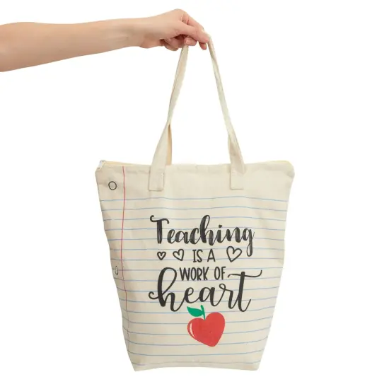 Canvas Tote Bag for Teacher Appreciation Gifts, Teaching is a Work of Heart (14.5 x 15 x 6 In) White {5}