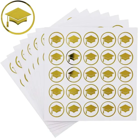 200 Pack Graduation Cap Stickers, Gold Foil Grad Hat Labels for Class of 2025, Self Adhesive Invitation Envelope Seals (1 Inch) {2}