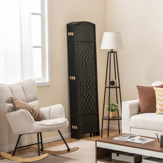 8-Panel Folding Room Divider with Hand-Woven Texture and Solid Wood Frame Black {6}