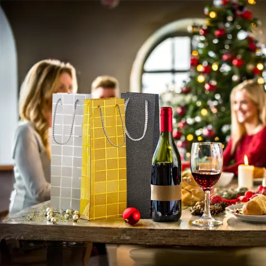 6 Pack Foiled Glitter Wine Bottle Gift Bags with Handles for Holidays, New Years, Birthdays (Silver, Black, Gold, 3.8 x 14 x 3.3 In) {7}