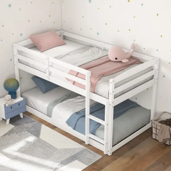 Metal Twin Size Bunk Bed with High Guardrails and Integrated Ladder for Safety and Easy Access White {2}