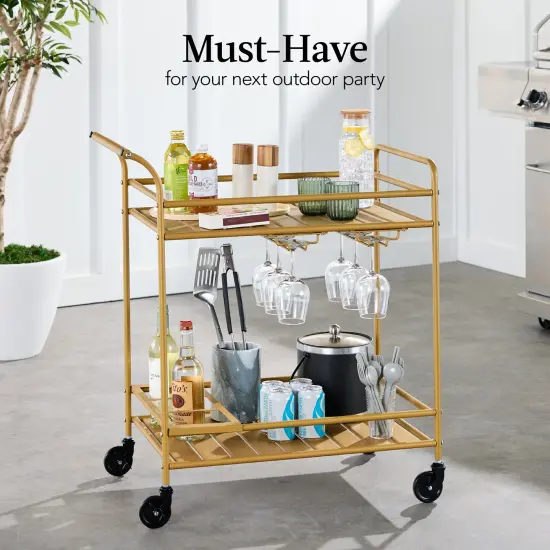 Best Choice Products 2-Tier Rolling Bar Cart Indoor/Outdoor w/ Storage Shelves, Wine Rack, Lockable Wheels Gold {3}