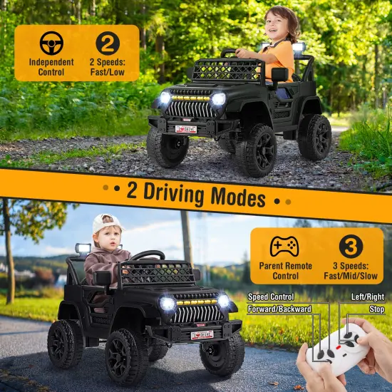 12V Ride-On Truck Car for Kids with Parental Remote, Music Player, and LED Lights Black {6}