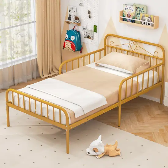Twin Size Metal Bed Frame with Headboard Included Safety Side Guardrails Gold {2}