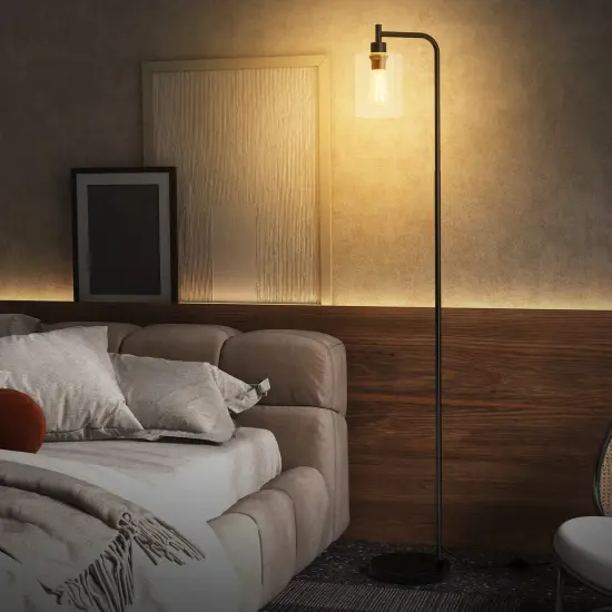 Modern Floor Lamp with Hanging Glass Lampshade and Foot Switch Black {3}