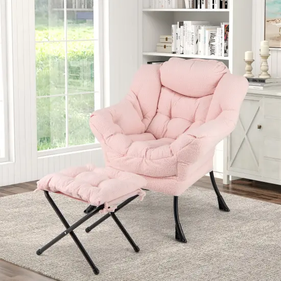 Fabric Modern Accent Chair with Folding Footrest and Removable Head Pillow for Living Room Pink {3}