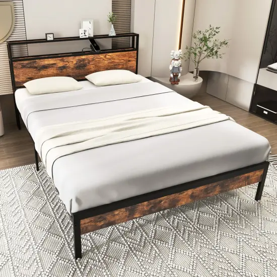Twin/Full/Queen Bed Frame with Storage Headboard and Charging Station-Full Size {2}