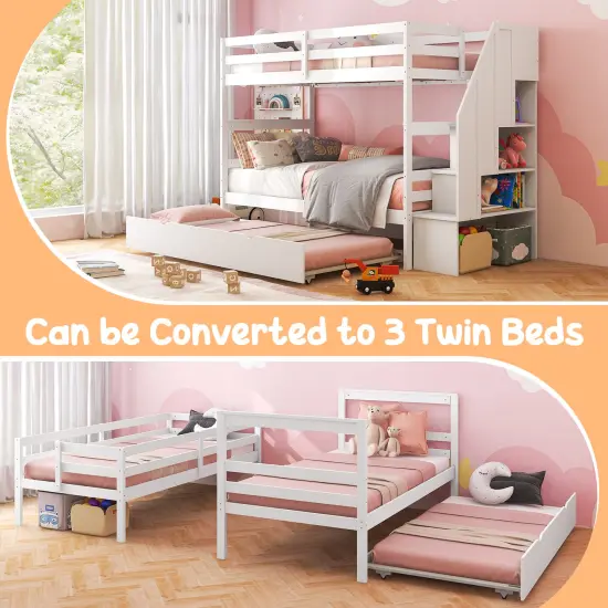 Twin Bunk Bed with Guard Rail and 4-Step Storage Stairs No Box Spring Needed White {6}