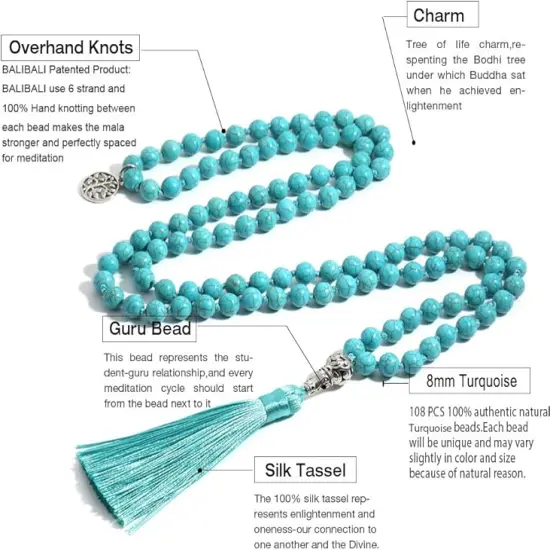 108 Mala Beads Necklace Semi-Precious Gem Stones Meditation Necklace 108 Hand Knotted Japa Mala Beaded Tassel Necklace with Tree of Life Pendant {4}
