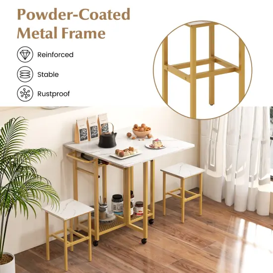 Engineered Wood Metal Dining Table Set with Extendable Top Wine Rack and Space-Saving Stools White {6}