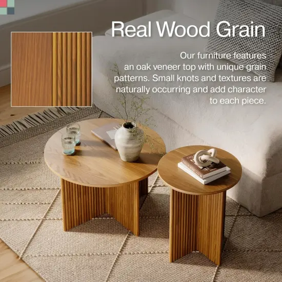 Stead Round Fluted Nesting Coffee Tables, 2 Piece Coffee Table Set, Modern Coffee Table for Living Room, Modern Home Decor, Solid Wood Base and Wood Grain Veneer Top (Medium Oak) {5}