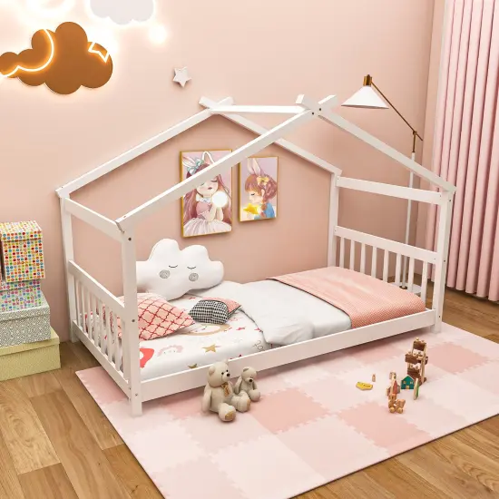 Wooden Twin Size House Bed with Roof Frame for Kids Bedroom White {2}