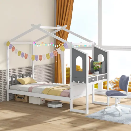 House Shaped Bed Frame with 2 Drawers, 1 Storage Box and 3 hooks for Kids {1}
