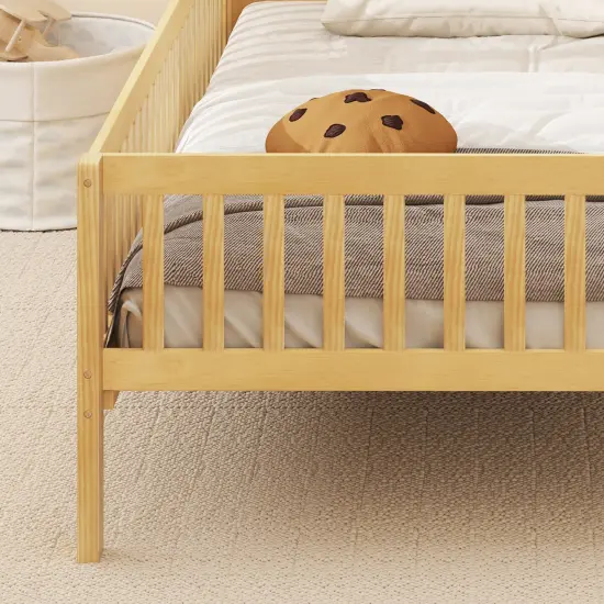 Wood Montessori Twin Bed with House-shaped Headboard, Guardrails, Built-in Storage Shelf Natural {6}