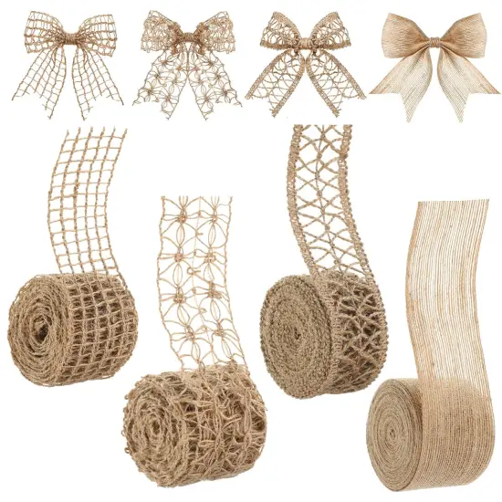 4 Rolls Burlap Ribbon Natural Jute Burlap Lace Mesh Weeding Trim Craft Wrapping Ribbon for Holiday Party DIY Handmade Artist Home Decor Packaging {2}