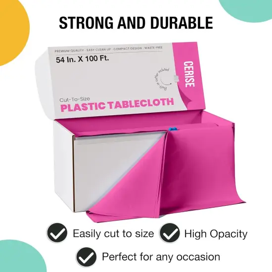 Exquisite Party Solids 54" x 100' Plastic Table Cover Roll with Slide Cutter &ndash; Cut-to-Size Dispenser Box &ndash; Makes Up to 36 Disposable 8' Rectangle Tablecloths Hot Pink {4}
