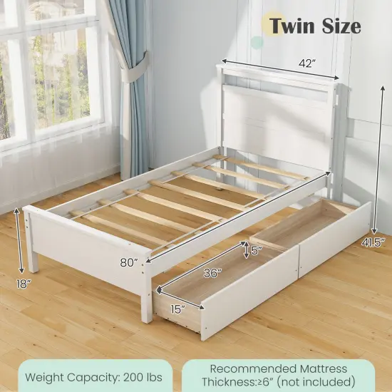Wooden Twin Bed Frame with Storage Drawers Chic Headboard and Footboard White {4}