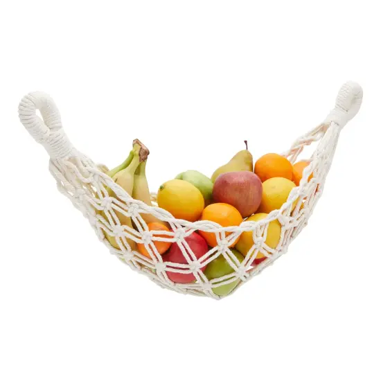 Macrame Fruit Hammock for Kitchen Under Cabinet with 2 Hooks, Hanging Net Basket for Bananas and Produce Storage (6 x 25 x 15 In) White {4}