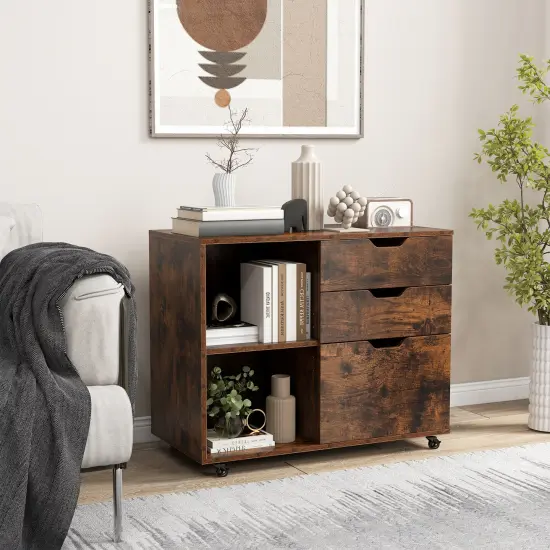 Modern Mobile File Storage Cabinet with Large Tabletop 3 Drawers and Smooth Rolling Wheels Rustic Brown {2}