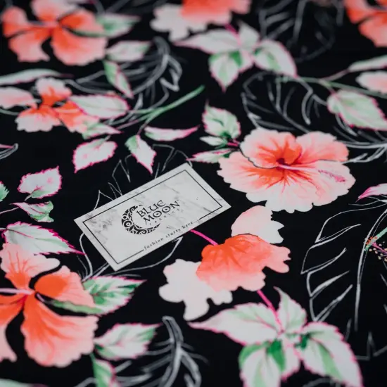 1 Yard Hibiscus Flowers on Black Printed Spandex Fabric 36" x 58/60" Length by Width {3}