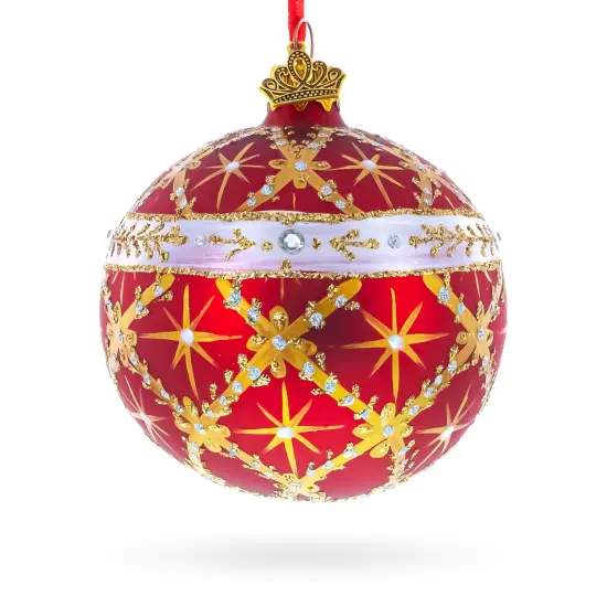 Diamond Trellis on Red Glass Ball Christmas Ornament 3.25 Inches {3}