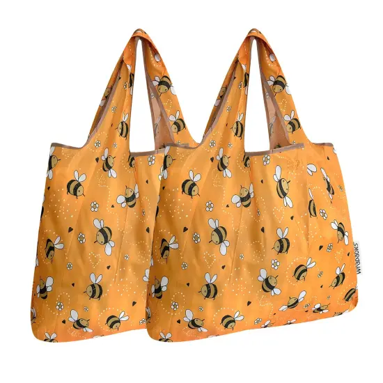 Wrapables Foldable Tote Nylon Reusable Grocery Bag (Set of 2), Yellow Bees {1}