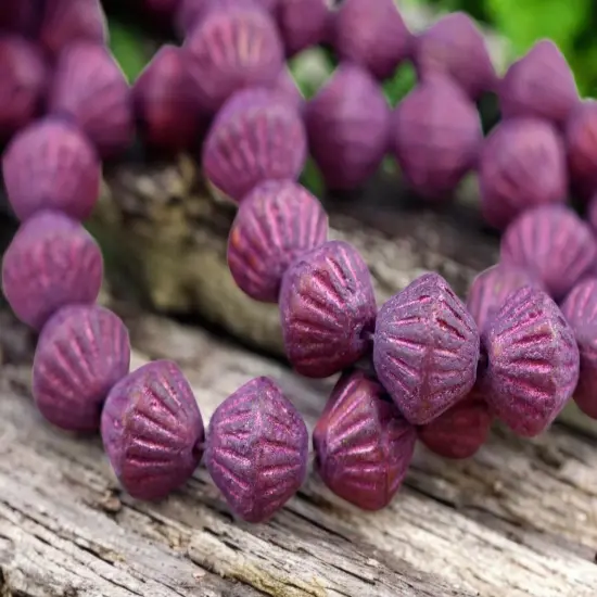*15* 11mm Pink Washed Etched Magenta Purple Carved Bicone Beads {2}