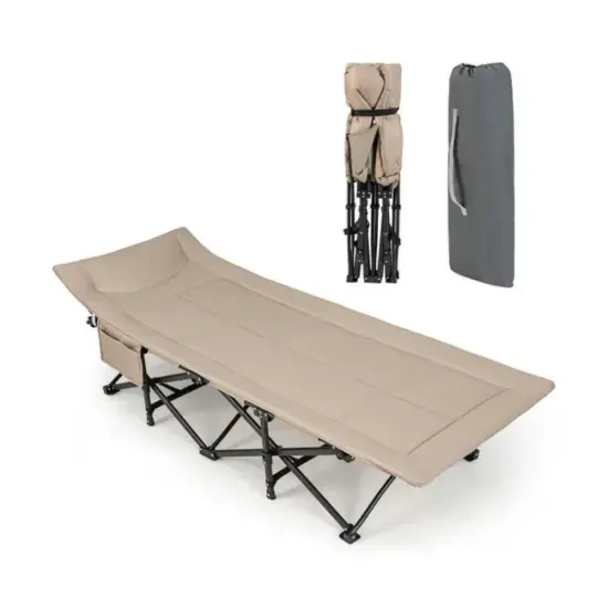 Folding Camping Cot with Carry Bag Cushion and Headrest Khakhi {7}