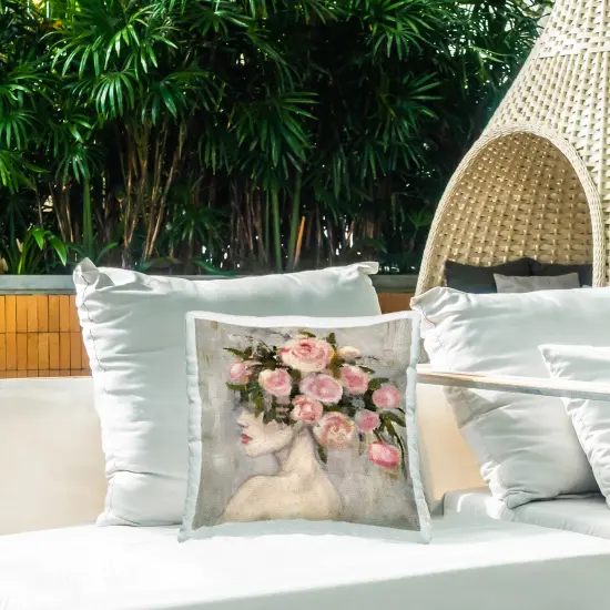 Peonies Headdress Woman Outdoor Printed Pillow Design by Charity Henderson, 18 x 7 x 18 {2}