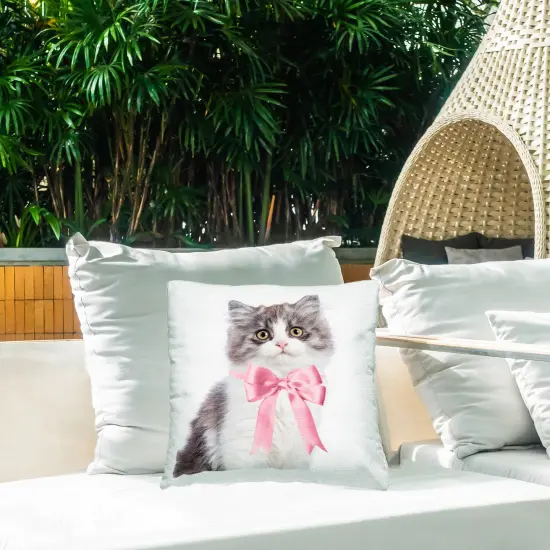 Kitten with Pink Bow Outdoor Printed Pillow Design by Sisi and Seb, 18 x 7 x 18 {2}