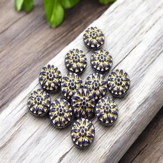 *12* 15mm Gold Washed Navy Blue Dahlia Flower Coin Beads {4}