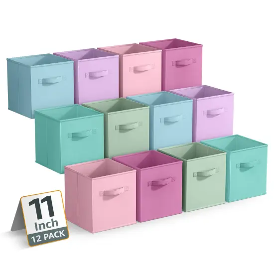 Sorbus 12 Pack Storage Bins - 11" Sturdy Collapsible Fabric Storage Cubes with Handle Pastel combo {1}