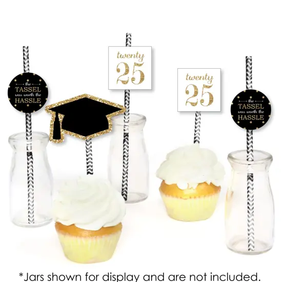 Big Dot of Happiness Gold 2025 Graduation Paper Straw Decor - Party Striped Decorative Straws - Set of 24 {6}
