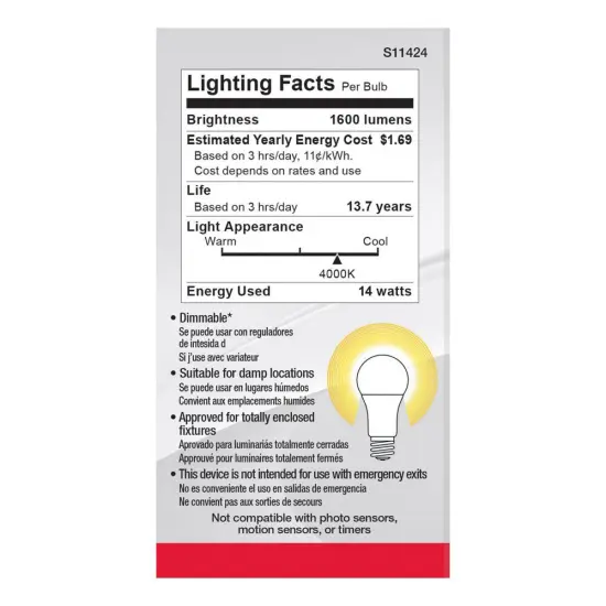 4Pk - Satco 14w 120v A19 LED E26 Base 1600L 4000k Cool White - 100W Equiv {3}
