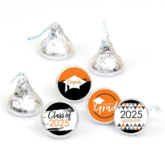 Big Dot of Happiness 2025 Orange Graduation Party Round Candy Sticker Favors - Labels Fits Chocolate Candy (1 Sheet of 108) {1}