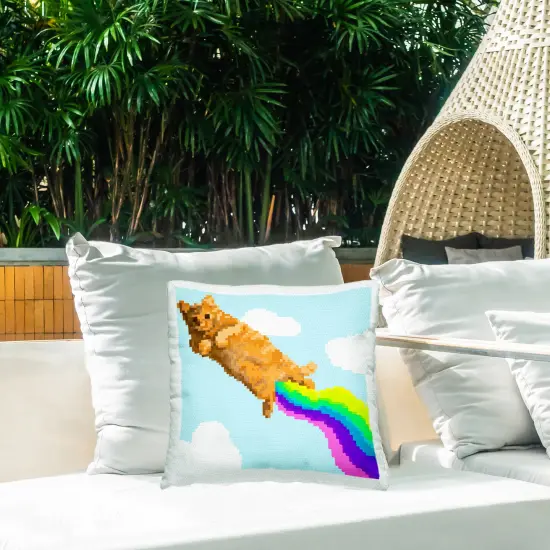Flying Rainbow Pixel Cat Outdoor Printed Pillow Design by June Erica Vess, 18 x 7 x 18 {2}