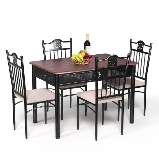 5 Pieces Dining Set Wood Metal Table and 4 Chairs with Cushions Black {7}