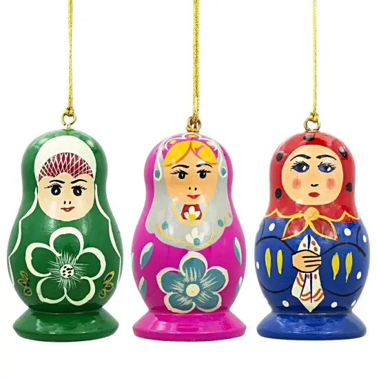 3 Dolls Matryoshka Wooden Christmas Ornaments {1}