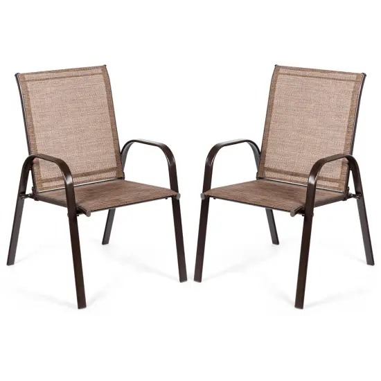 2 Pieces Patio Outdoor Dining Chairs with Powder Coated Steel Frame Brown {9}