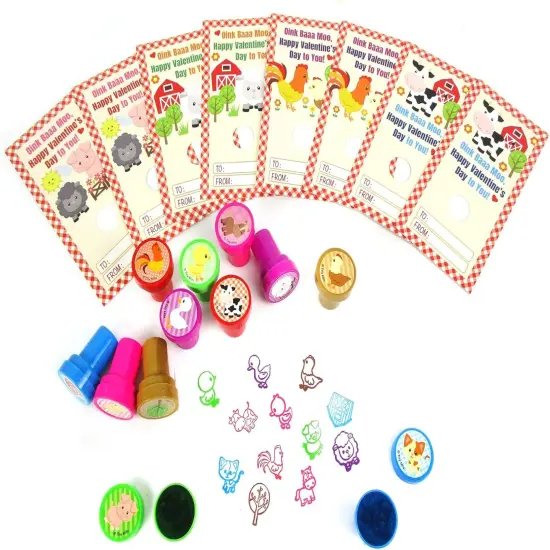 Tiny Mills 36 PACK Farm Animals Barnyard Valentine's Day Cards with Stampers for Valentine's Day Classroom Exchange {3}