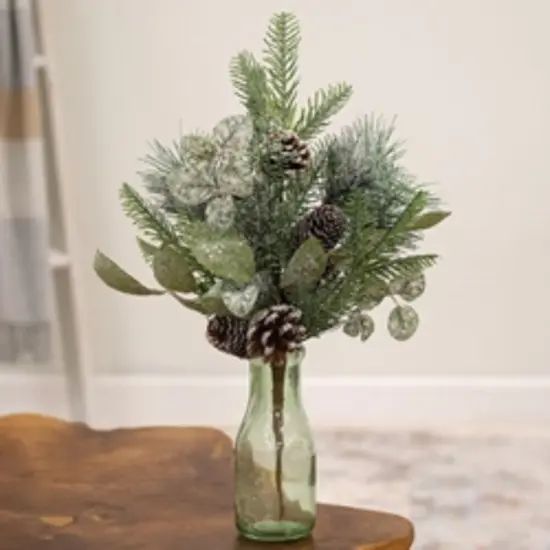19" Long Newport Snowy Mixed Greens and Cone Bush with Silver Glitter Coated {2}
