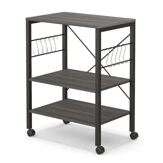 3-Tier Kitchen Baker's Rack Microwave Oven Storage Cart with Hooks Rustic Brown {8}