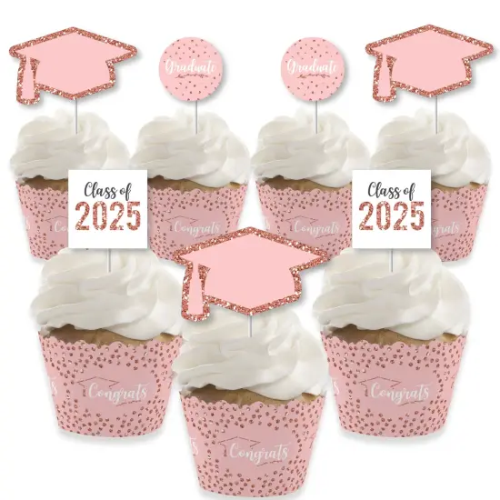Big Dot of Happiness Rose Gold Grad - Cupcake Decoration - 2025 Graduation Party Cupcake Wrappers and Treat Picks Kit - Set of 24 {1}