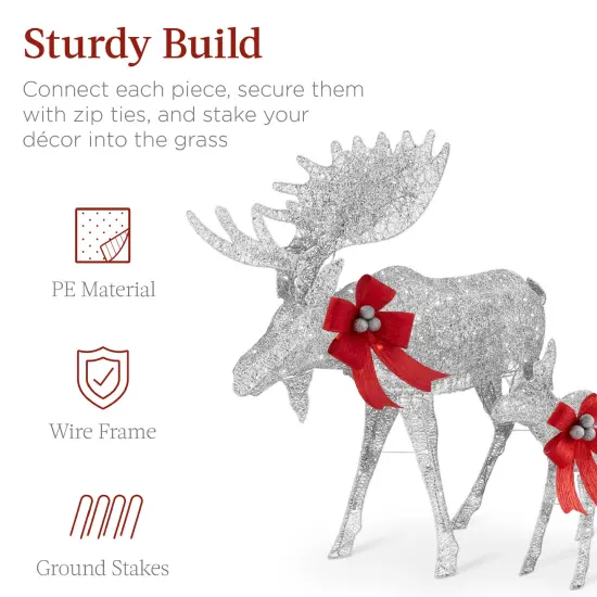 Best Choice Products 2-Piece Moose Family Lighted Christmas Yard D&eacute;cor Set w/ 370 LED Lights, Stakes, Zip Ties Silver {4}