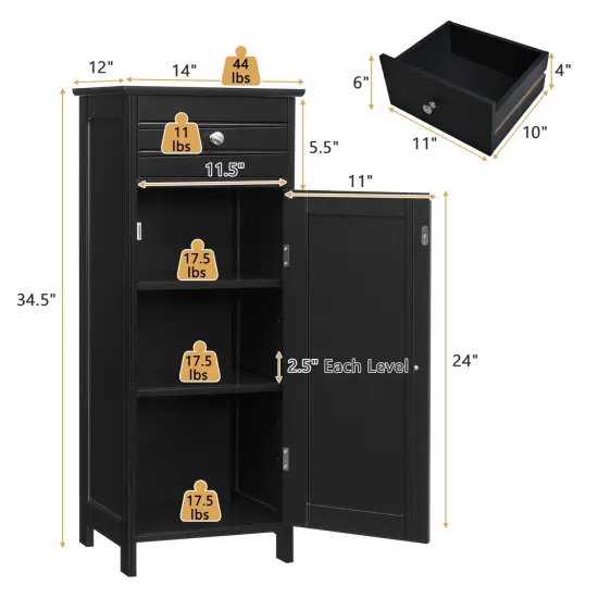Wooden Storage Free-Standing Floor Cabinet with Drawer and Shelf Black {3}
