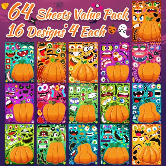 64 Sheets Halloween Crafts Pumpkin Make a Face Stickers for Kids {2}